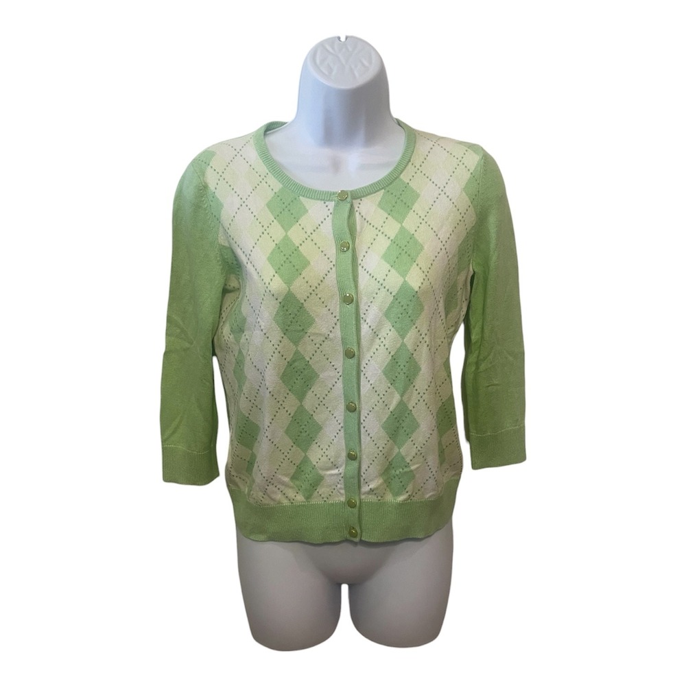 Talbots Petite Green Argyle‎ Cotton Silk Blend 3/4 Sleeve Cardigan Sweater P